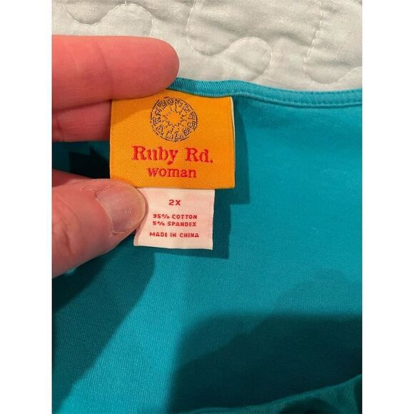 Ruby Rd Women's 2X Teal Beaded V-Neck 3/4 Sleeve Blouse - Picture 7 of 8